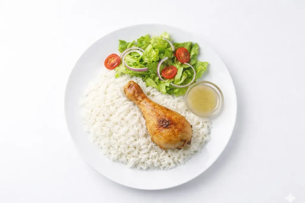 1/8 Pollo al horno (pierna) + Ensalada y arroz